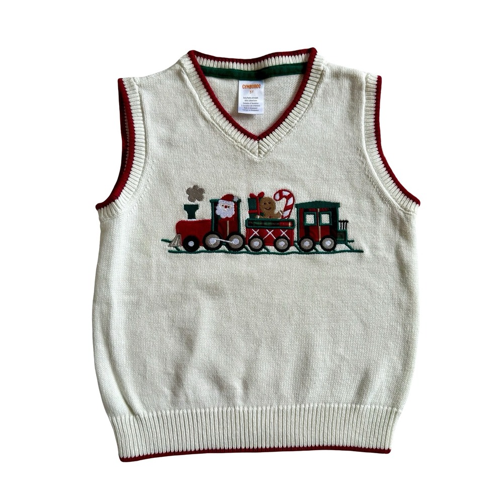 Gymboree Kids Embroidered Sweater Vest Ivory Christmas Santa Train Boys 3T